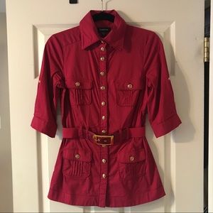 Bebe Red Belted Button Down 3/4 Sleeve Top EUC